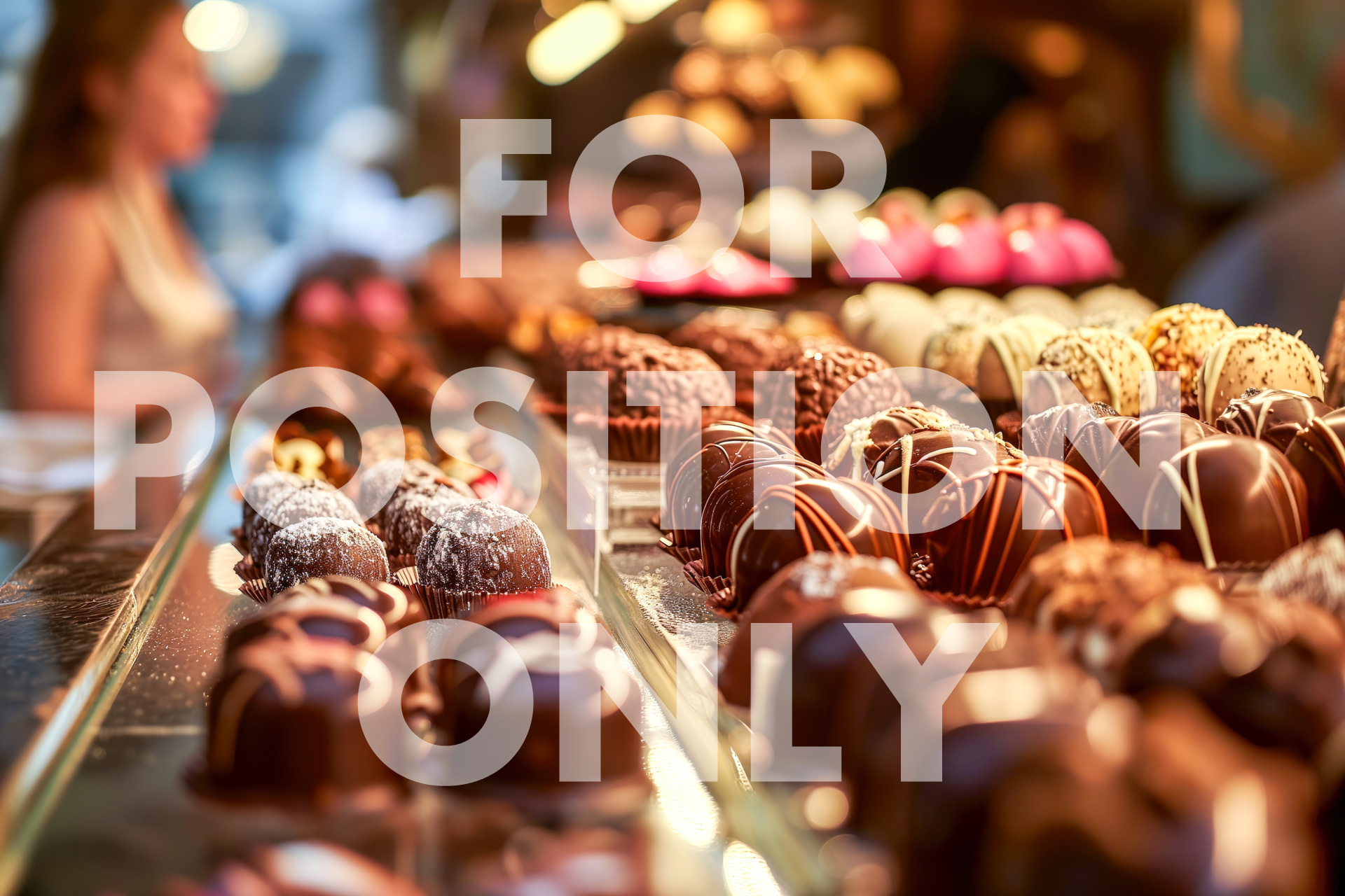 position only shot of chocolates in foreground, woman ordering at counter in background